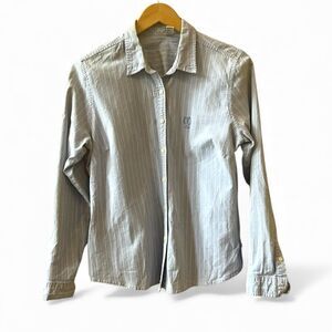 Izod Vintage Button Down Shirt Sz Large Blue White Stripes Logo Long Sleeve